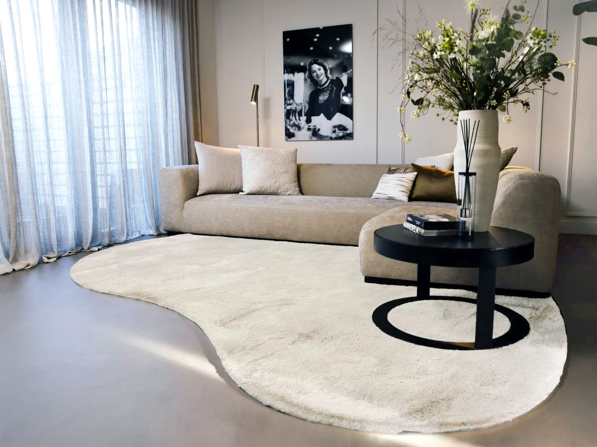 Photo eines Wohnzimmers mit einem hellen Hochflorteppich Lousia.