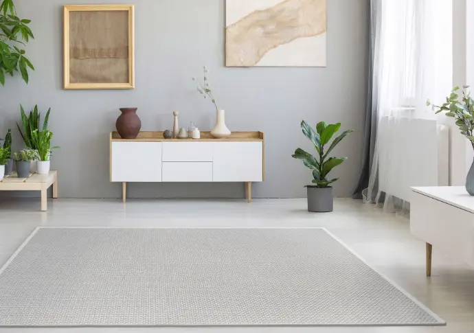 Milieu photo of a living room with a Royal wool rug in it.