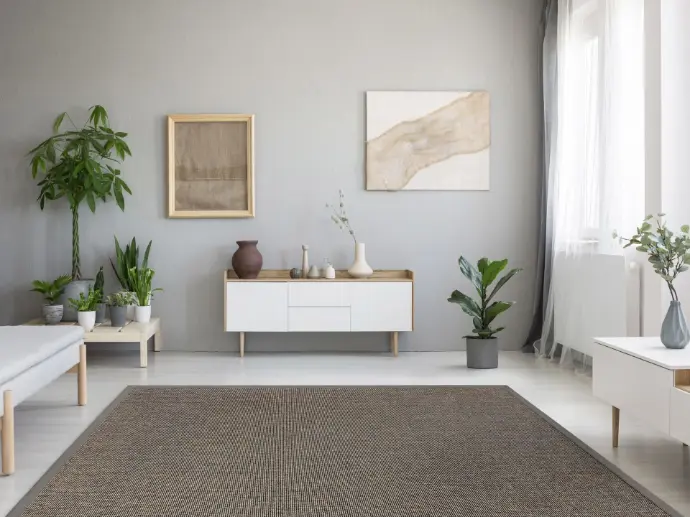 Milieu photo of a living room with a Mara S2 sisal bordered area rug in it.