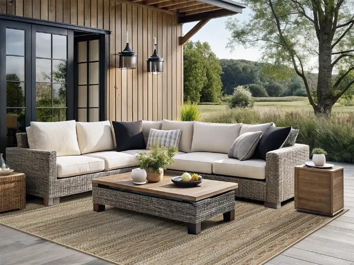 Milieu photo of an outdoor lounge with a Naturino outdoor rug.