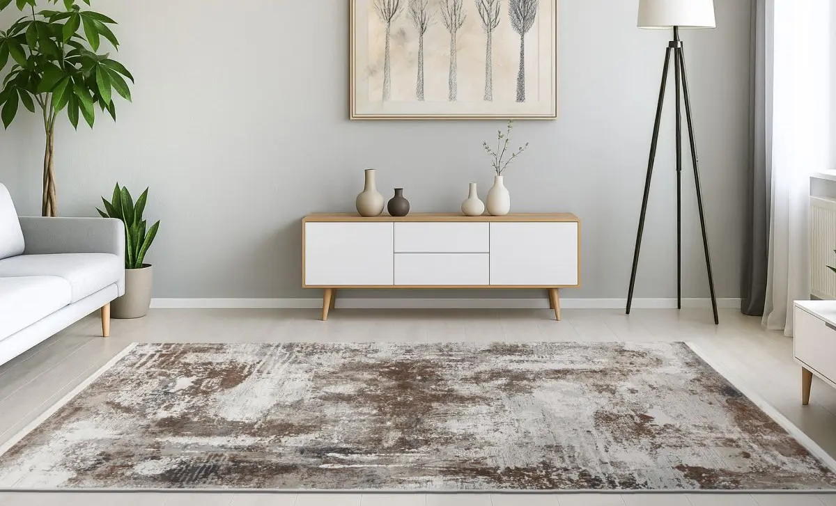 Milieu photo of a living room with a designer rug Diadem in it.