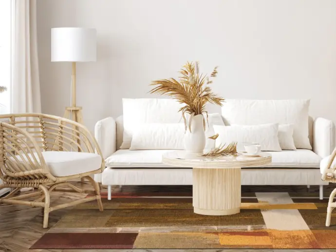 Milieufoto eines Designteppichs Modra in Farbe Kupfer in einem Rattan-Wohnzimmer.