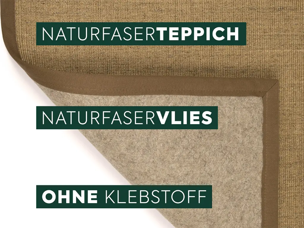 Infografik. Zeigt Sisalteppich Sisal Pur mit Rück und die Texte: Naturfaserteppich, Naturfaservlies und ohne Klebstoff.
