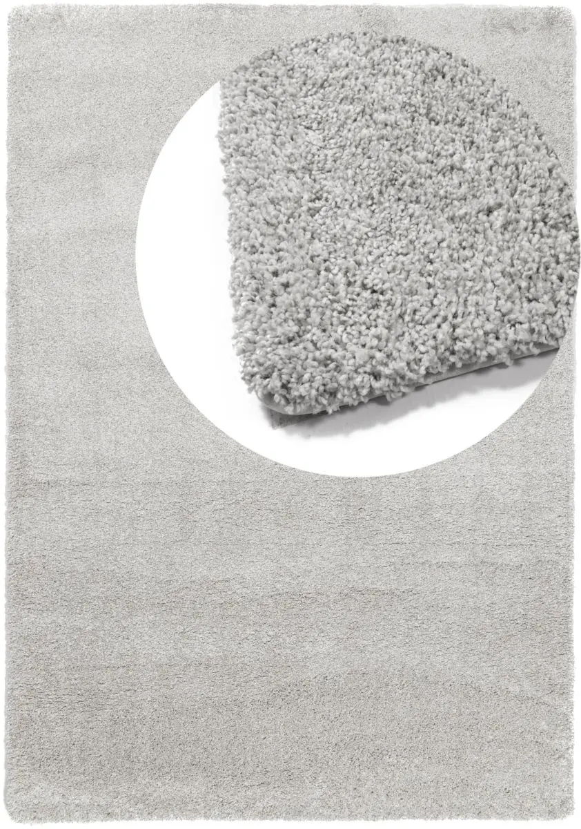Hochflorteppich Lucida Silber Draufsicht mit Lupe