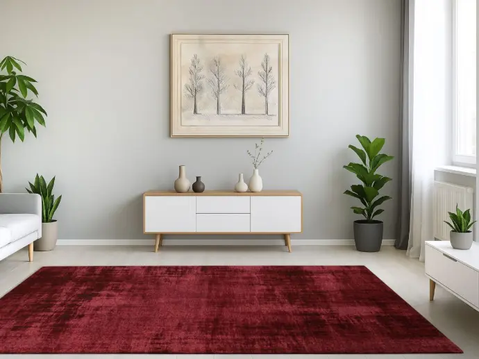 Mood photo of a Saragoza vintage rug in red, in a modern living room.