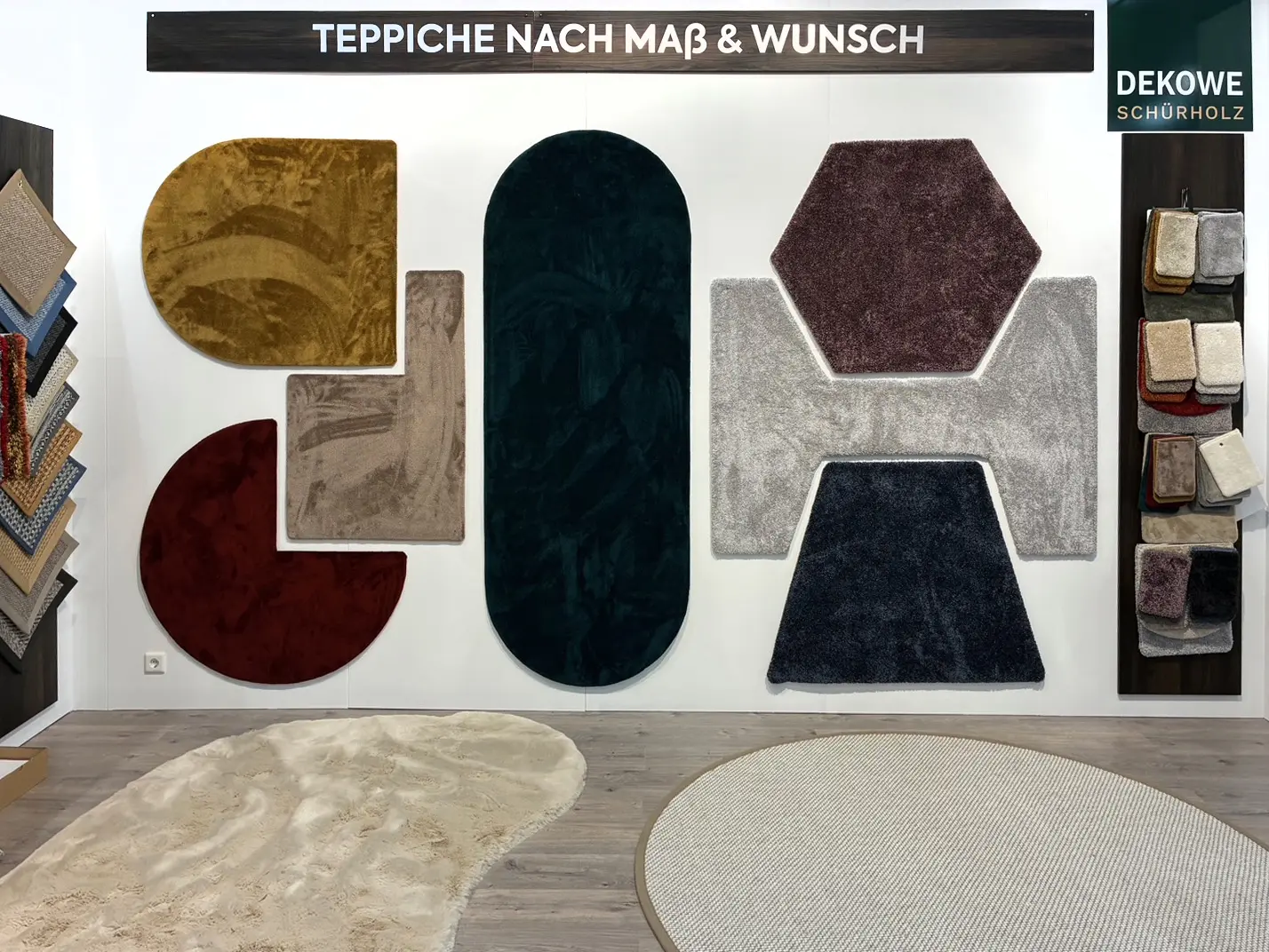 Photo of a wall with sampels of rugs in special shapes