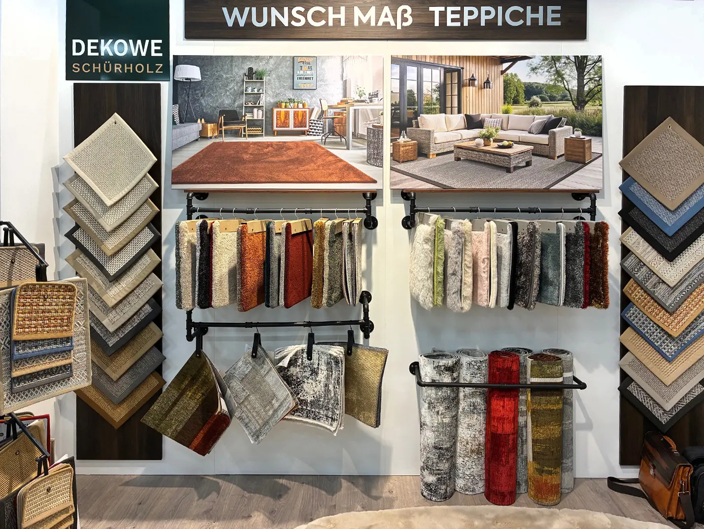 Foto einer Wand mit vielen Teppichmusterbündeln.