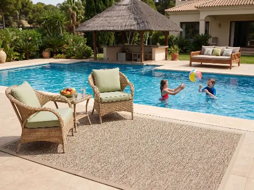 Foto von Swimmingpool mit Outdoorteppiche Joy von DEKOWE und spielenden Kindern im Hintergrund